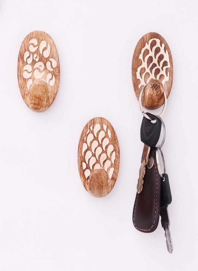 Indian-Shelf IndianShelf 3 Piece Wood Adhesive Decorative Wall Hooks for Hanging Coats, Keys, Towels, Hat, Leash- Brown & White Boho Sticky Wood Towel Hooks for Bathrooms (6 Strips Included) - Image 1